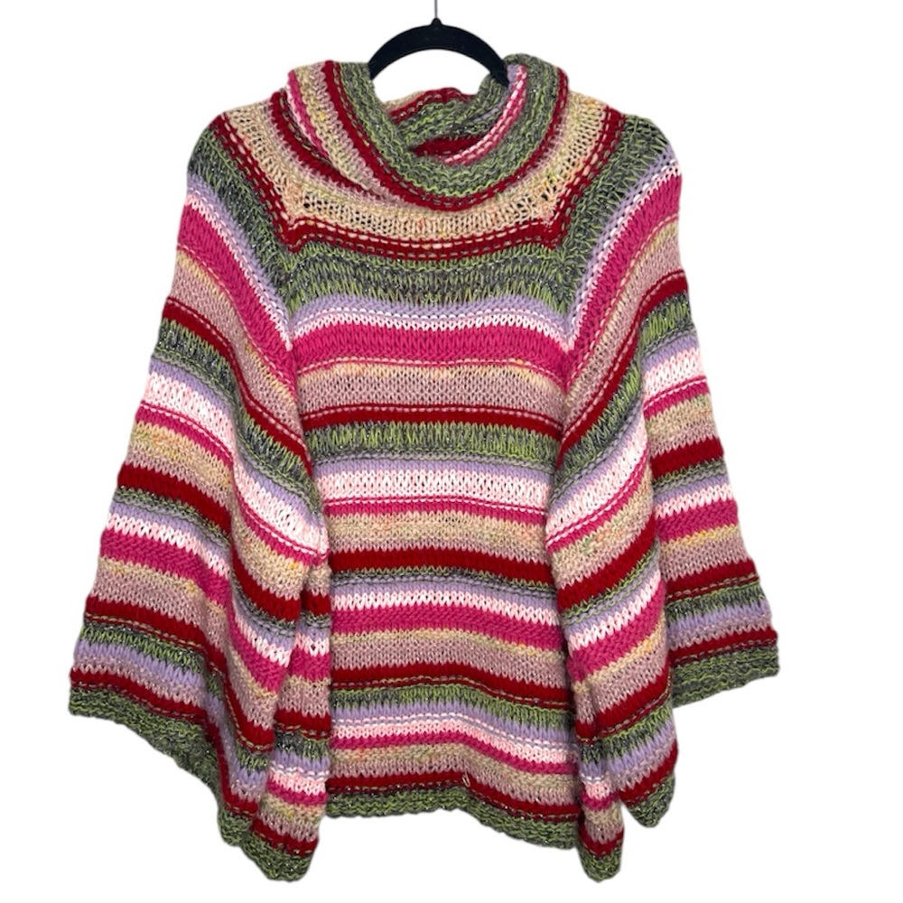 Anthropologie Striped Knit Poncho in Pink and Green - Picture 4 of 7